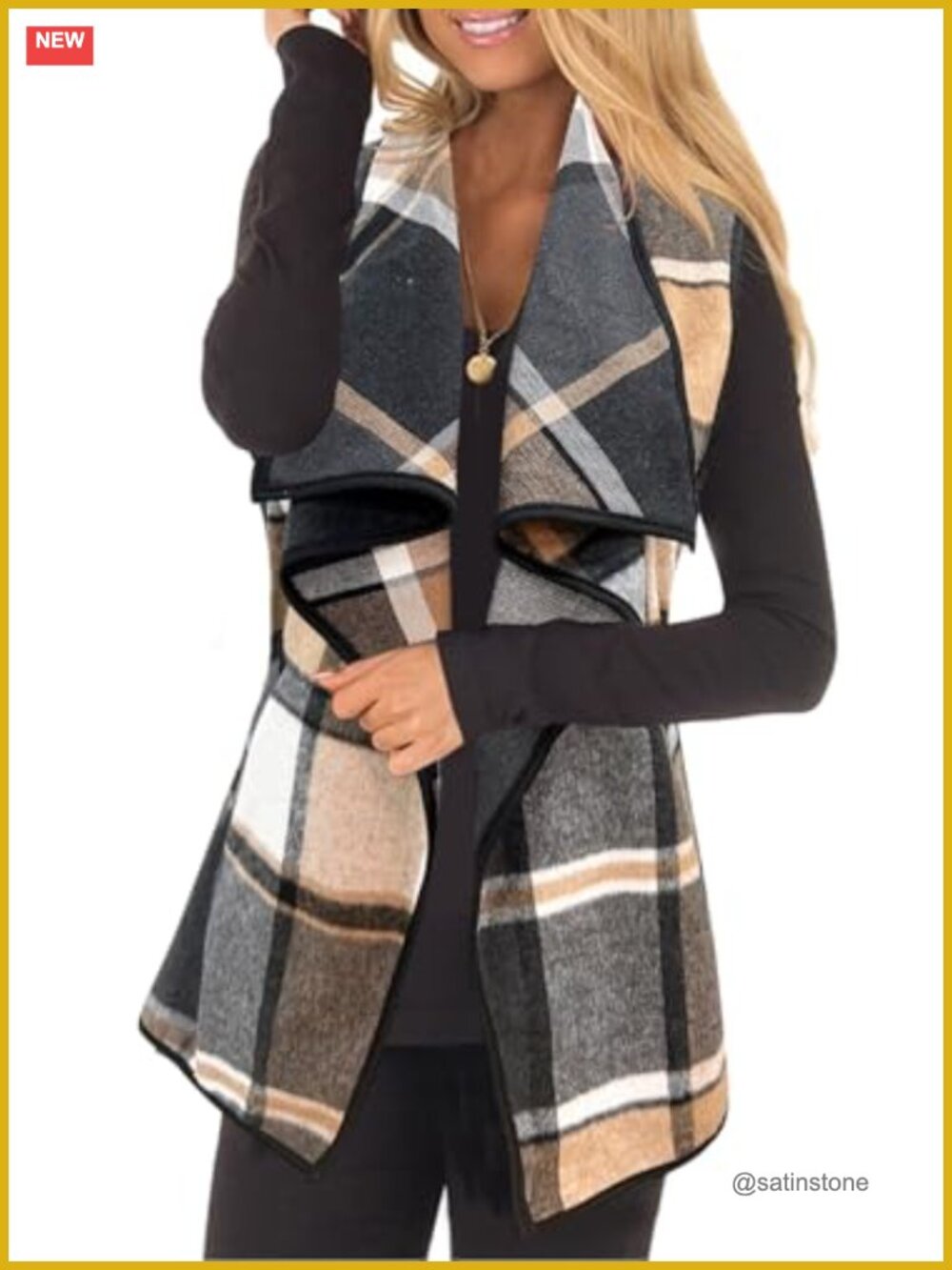 Women Plaid Vest Lapel Open Front Sleeveless Cardigan with Pockets